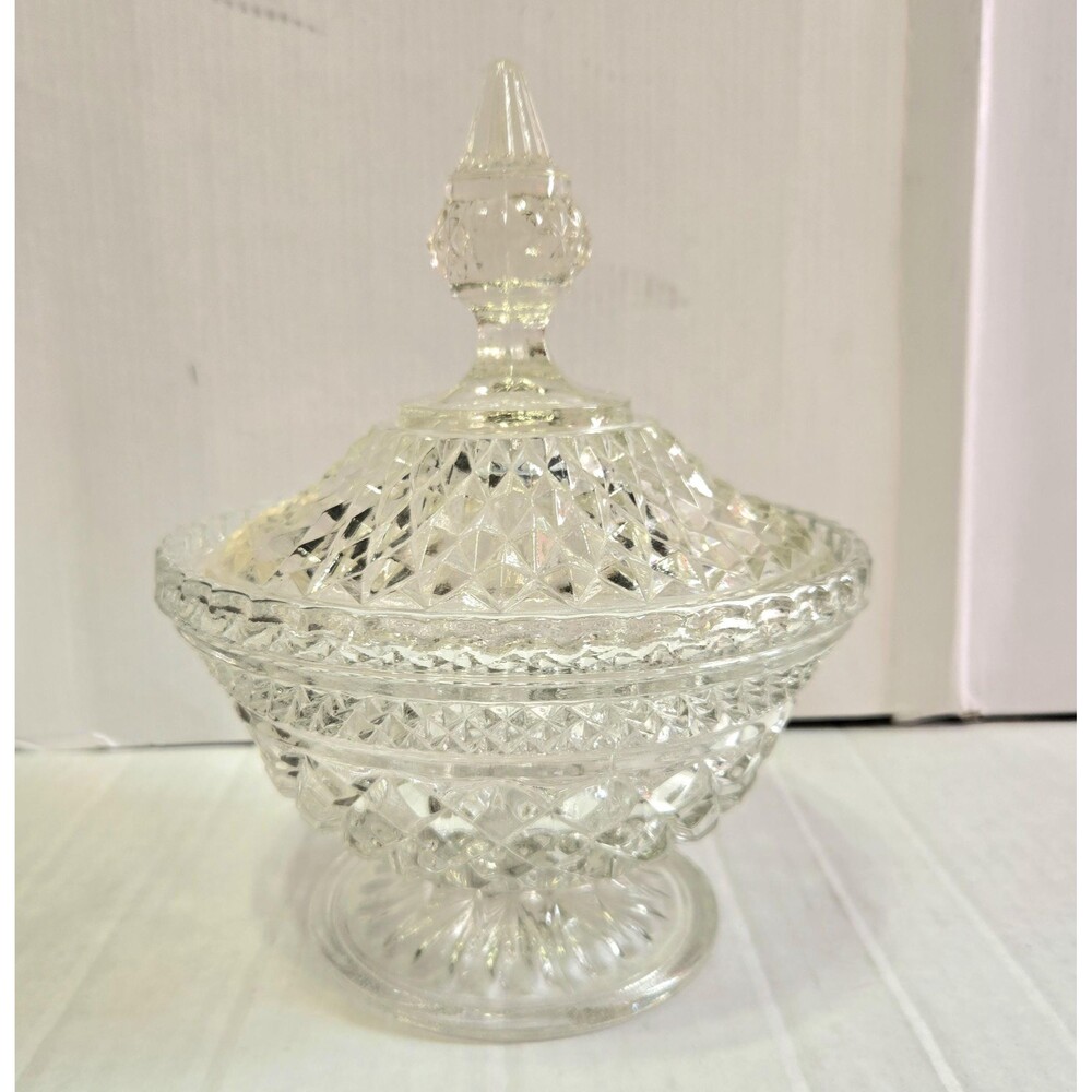 Vintage Anchor Hocking Wexford Clear Glass Lidded Pedestal Candy Dish 7"